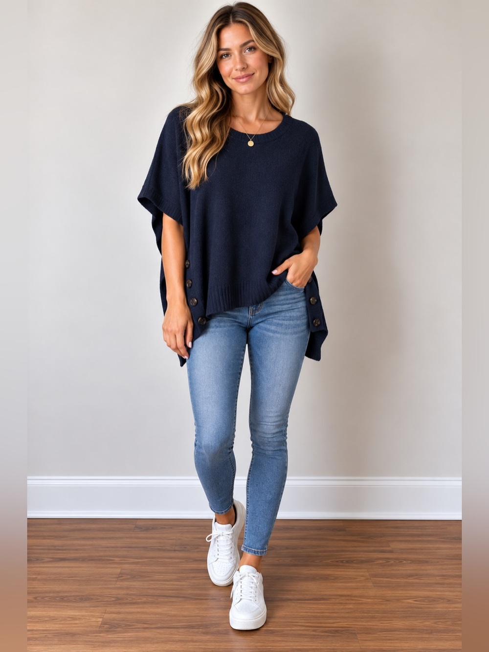 Club Monaco Navy Side-Button Knit Poncho Sweater